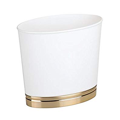 mDesign Oval Slim Decorative Plastic Small Trash Can Wastebasket, Garbage Container Bin for Bathrooms, Kitchens, Home Offices, Dorm Rooms - White/Soft Brass Base