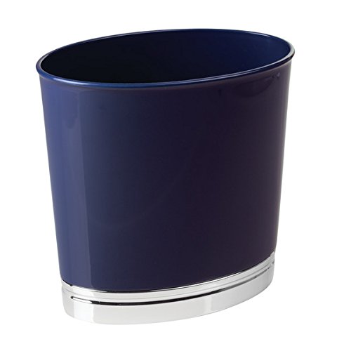 mDesign Oval Slim Decorative Plastic Small Trash Can Wastebasket, Garbage Container Bin for Bathrooms, Kitchens, Home Offices, Dorm Rooms - Navy Blue, Chrome Finish Base