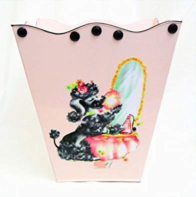 Retro Vintage Wastebasket, Trashcan, Trash Holder, Trash Basket ~ E25 Shabby Chic Pink Wave Edge Wastebasket with French Vintage 40's Poodle Art.