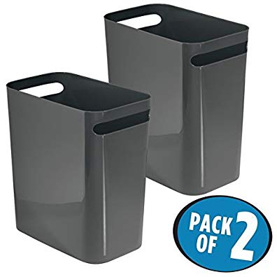 mDesign Rectangular Small Narrow Modern Slim Trash Cans Wastebaskets, Containers Bins for Bathrooms, Kitchens, Home Offices, Dorms - Pack of 2, 12 inch high, Plastic, Dark Slate Gray