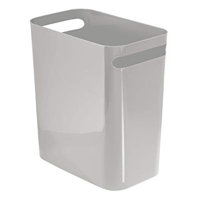 mDesign Slim Rectangular Small Trash Can Wastebasket, Garbage Container Bin with Handles for Bathrooms, Kitchens, Home Offices, Dorms, Kids Rooms — 12 inch high, Shatter-Resistant Plastic, Gray