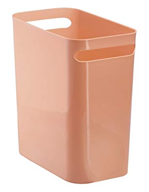 mDesign Slim Rectangular Small Trash Can Wastebasket, Garbage Container Bin with Handles for Bathrooms, Kitchens, Home Offices, Dorms, Kids Rooms — 12 inch high, Shatter-Resistant Plastic, Coral