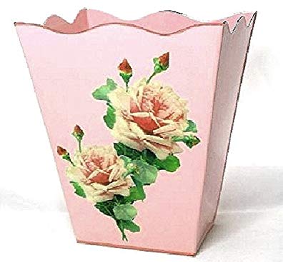 Knobs & More Home Decor Vintage Style Wastebasket, Trashcan, Trash Holder Basket or Bin ~ E14 Wave Edge Chic Pink Enamel Metal Waste Basket with Hand Decoupage Shabby Antique Rose