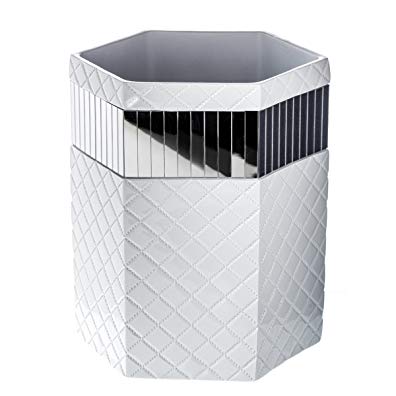 Quilted Mirror Bathroom Trash Can (8.1” x 7 x 9.8”) – Decorative Wastebasket- Durable Waste Paper Baskets Design- Space Friendly Bath Rubbish Dust Bin- For Elegant Shower Décor
