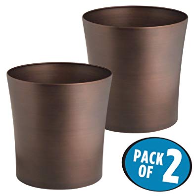 mDesign Round Metal Small Trash Can Wastebasket, Garbage Container Bin for Bathrooms, Kitchens, Home Offices - Pack of 2, Durable Steel Construction with a Bronze Finish