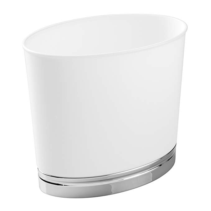 mDesign Oval Slim Decorative Plastic Small Trash Can Wastebasket, Garbage Container Bin for Bathrooms, Kitchens, Home Offices, Dorm Rooms - White/Chrome Finish Base