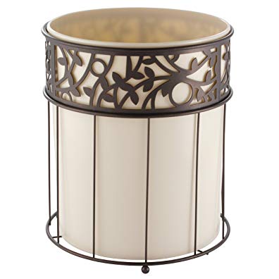 mDesign Decorative Round Small Trash Can Wastebasket, Garbage Container Bin for Bathrooms, Powder Rooms, Kitchens, Home Offices - Vanilla Plastic, Steel Wire frame in Bronze Finish