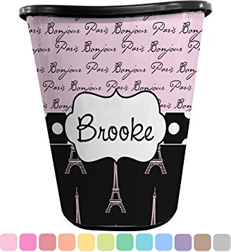 RNK Shops Paris Bonjour and Eiffel Tower Waste Basket - Single Sided (Black) (Personalized)