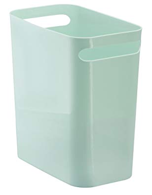 mDesign Slim Rectangular Small Trash Can Wastebasket, Garbage Container Bin with Handles for Bathrooms, Kitchens, Home Offices, Dorms, Kids Rooms — 12 inch high, Shatter-Resistant Plastic, Mint