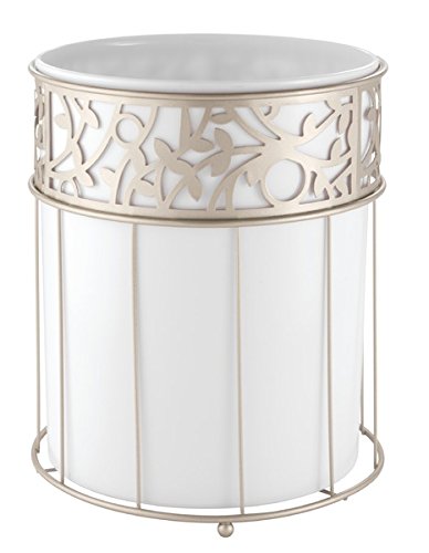 mDesign Decorative Round Small Trash Can Wastebasket, Garbage Container Bin for Bathrooms, Powder Rooms, Kitchens, Home Offices - White Plastic, Steel Wire frame in Satin Finish