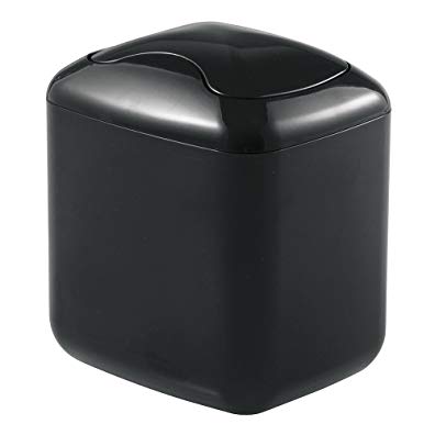 mDesign Small Mini Plastic Modern Wastebasket Trash Can Dispenser with Swing Lid for Bathroom Vanity Countertops, Tabletop - Dispose of Cotton Rounds, Makeup Sponges, Tissues - Black
