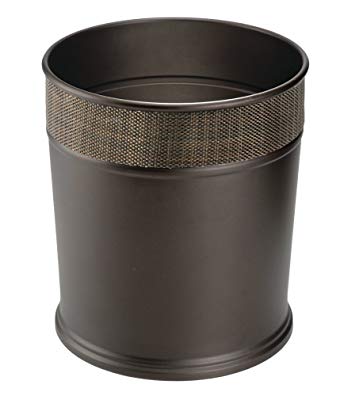 mDesign Decorative Round Small Trash Can Wastebasket, Garbage Container Bin for Bathrooms, Powder Rooms, Kitchens, Home Offices - Steel in Bronze Finish with Woven Textured Accent