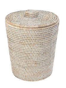 KOUBOO La Jolla Rattan Round Waste Basket with Plastic Insert & Lid, White Wash